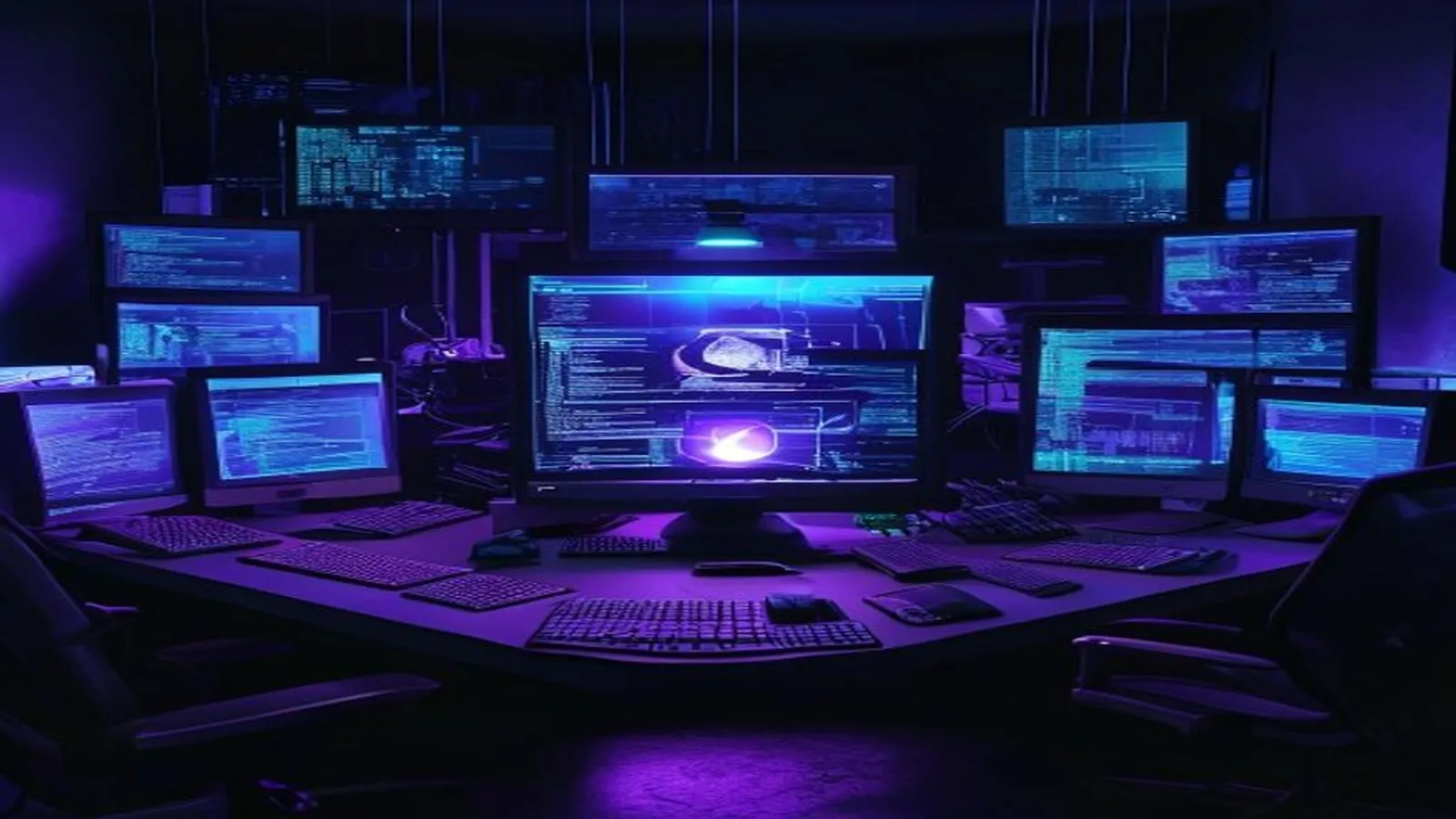 Coordinated computer terminals in a violet and blue operations room
