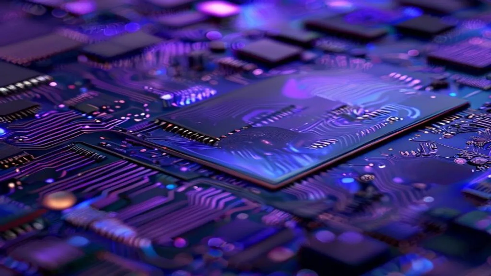 Macro view of a processor and circuit board in violet light