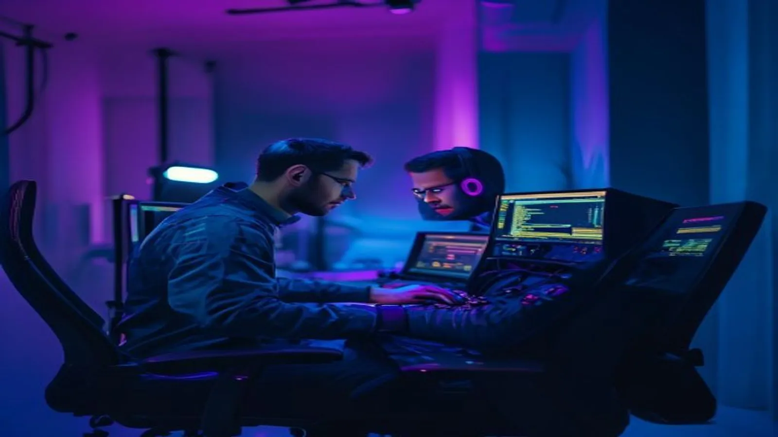 Developer working at a terminal in a purple and blue studio