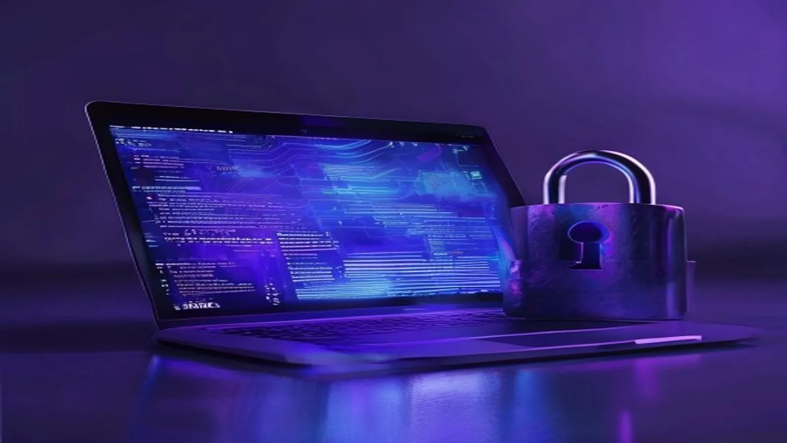 Laptop and metal lock under moody purple and blue light