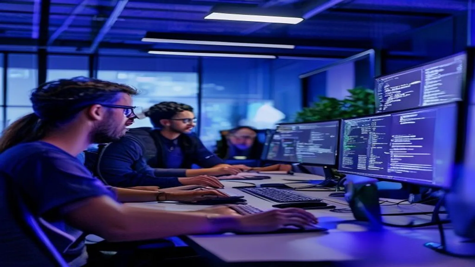 Software engineering team reviewing code around large monitors