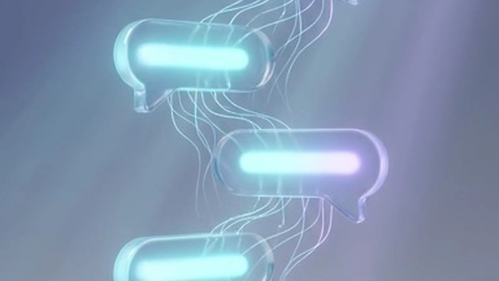 Glowing chat bubbles connected to an abstract AI brain