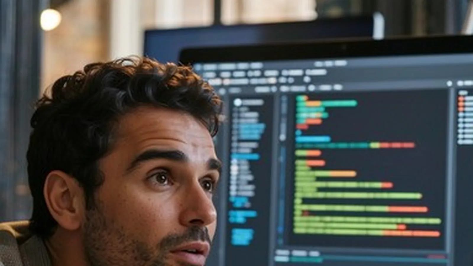 Software developer working at a multi-monitor coding desk
