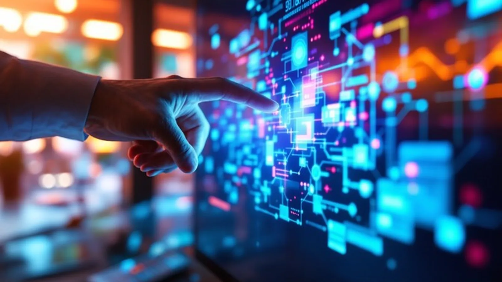 Hand interacting with a glowing AI interface