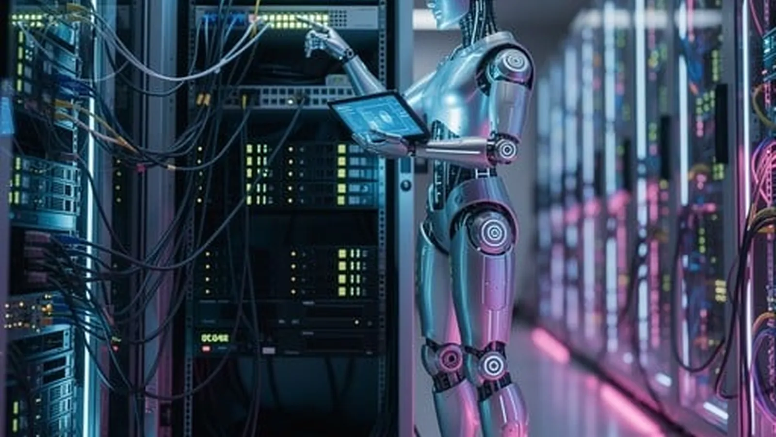Robot maintaining illuminated server racks