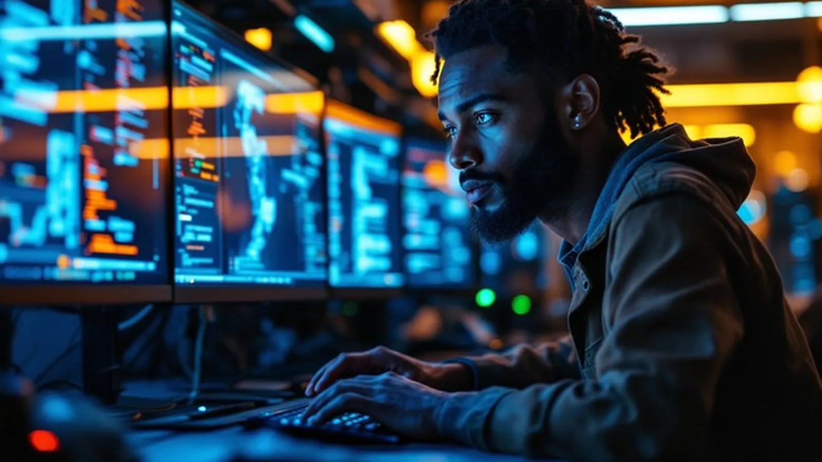 AI researcher studying data on multiple monitors