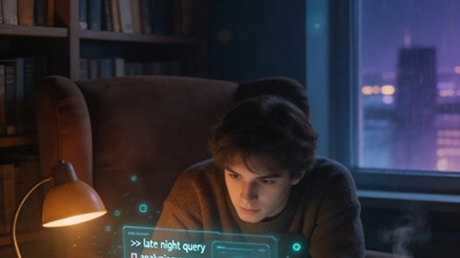 Reader studying beside a glowing holographic AI assistant