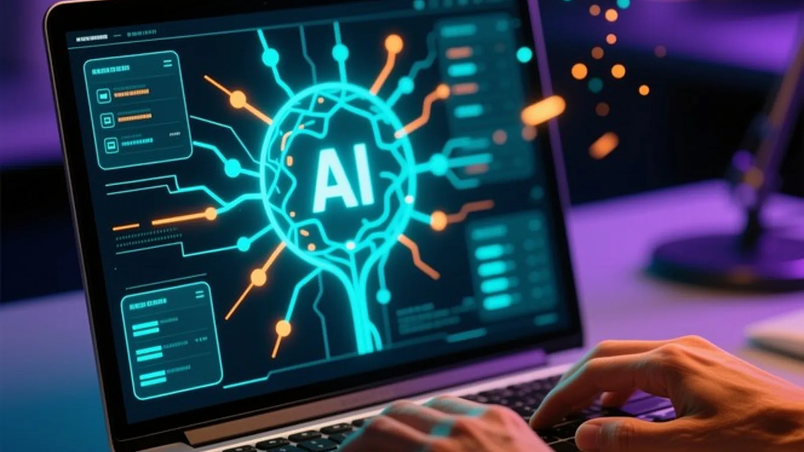 Hands typing on a laptop beneath a glowing neural network