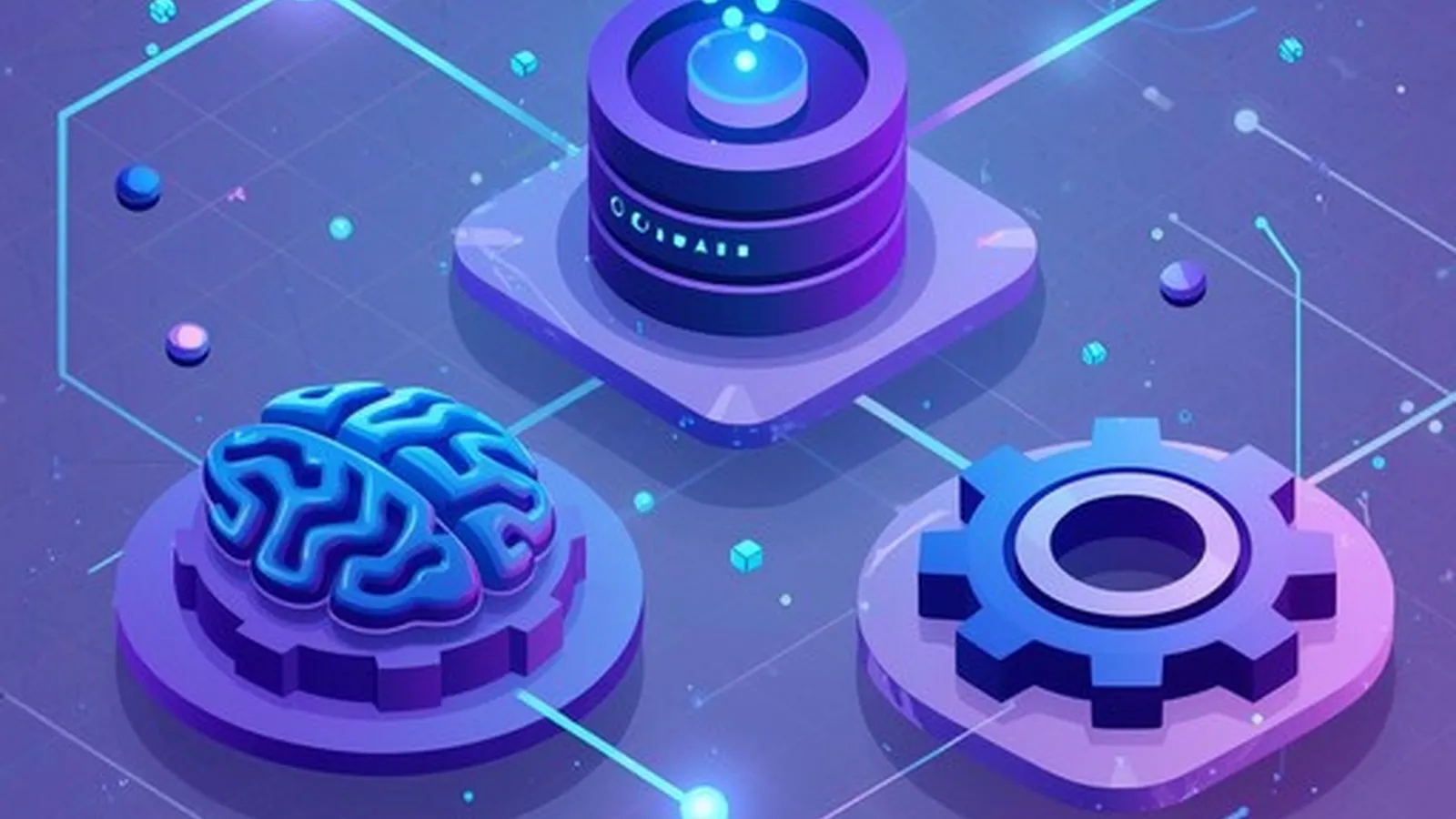 AI brain, database, and automation gear connected by light