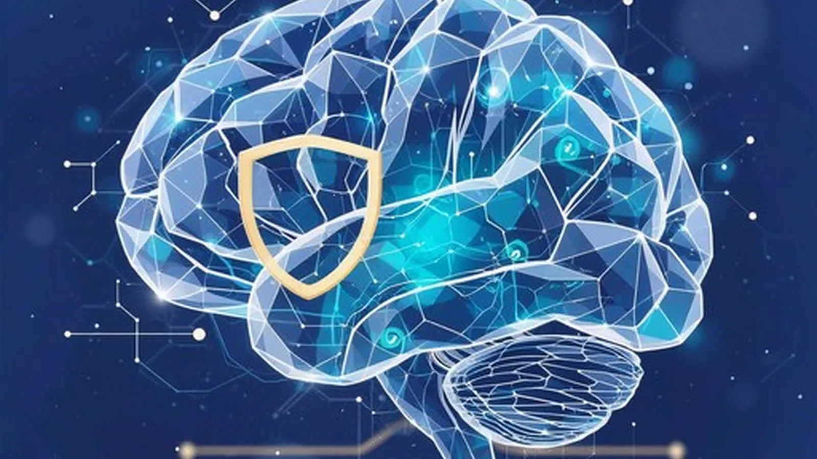 Glowing blue brain protected by a gold security shield