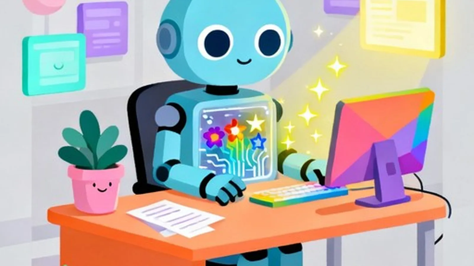 Friendly illustrated robot creating ideas at a bright desk