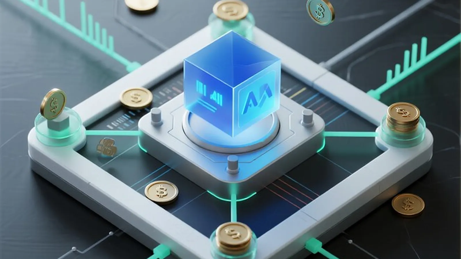 AI processor surrounded by coins and financial charts