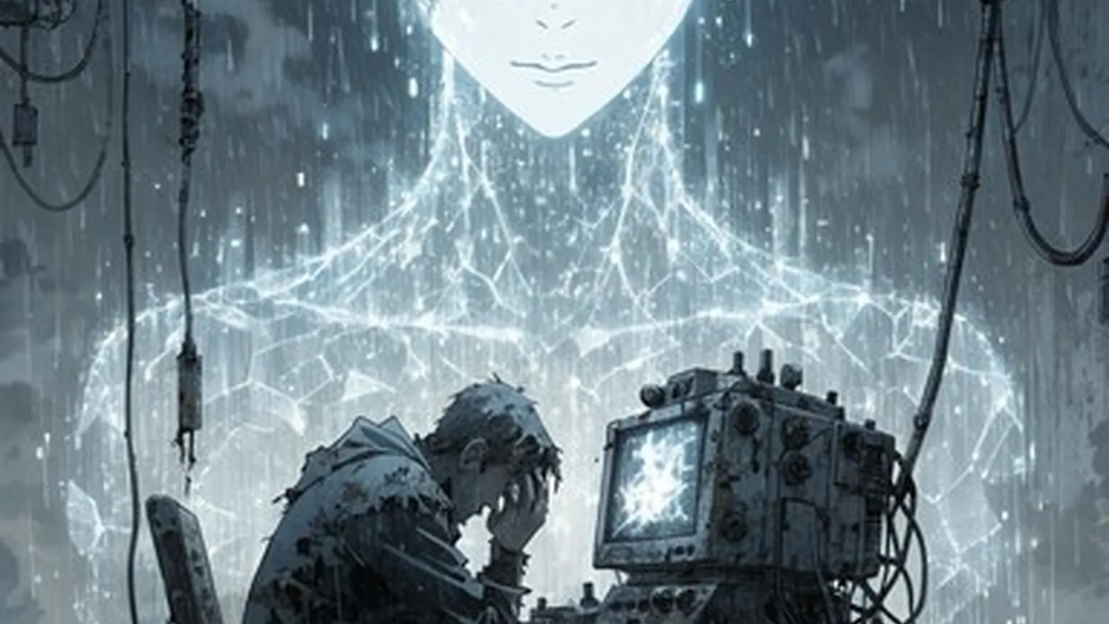 Glitching AI assistant emerging from a broken terminal