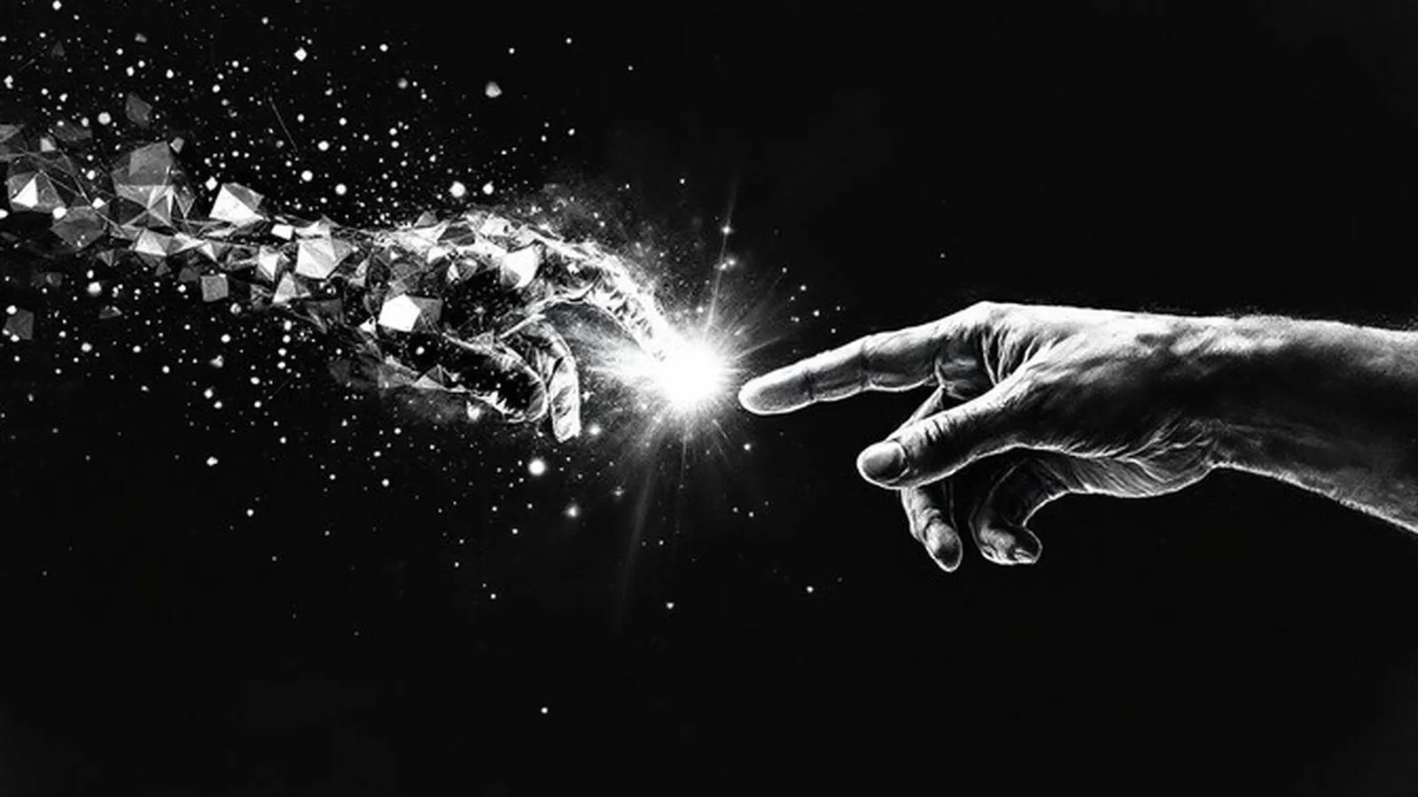 Human and machine hands nearly touching in black and white