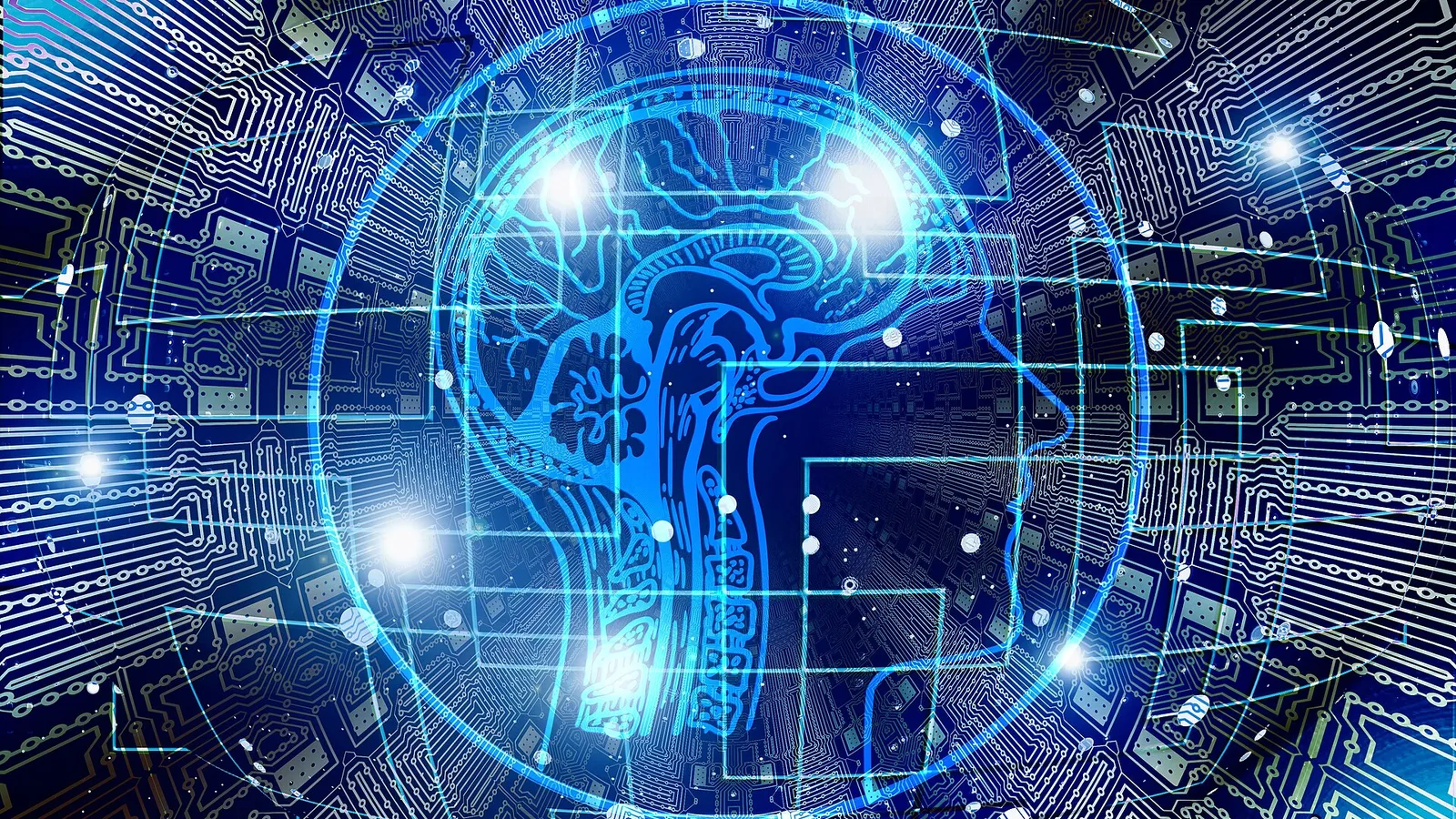 Blue digital brain profile surrounded by data circuitry