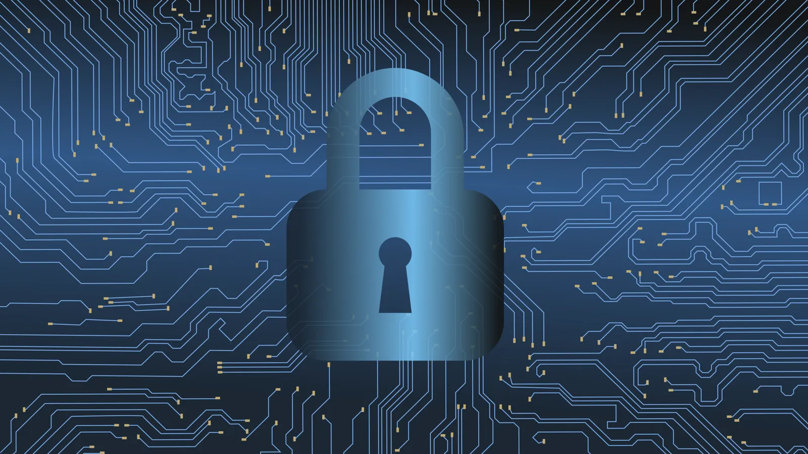 Digital padlock embedded in a blue circuit pattern
