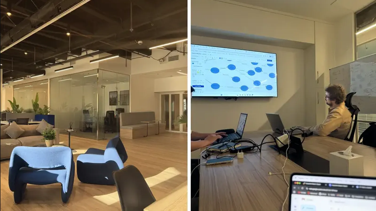 Modern software office with workstations and a presentation display