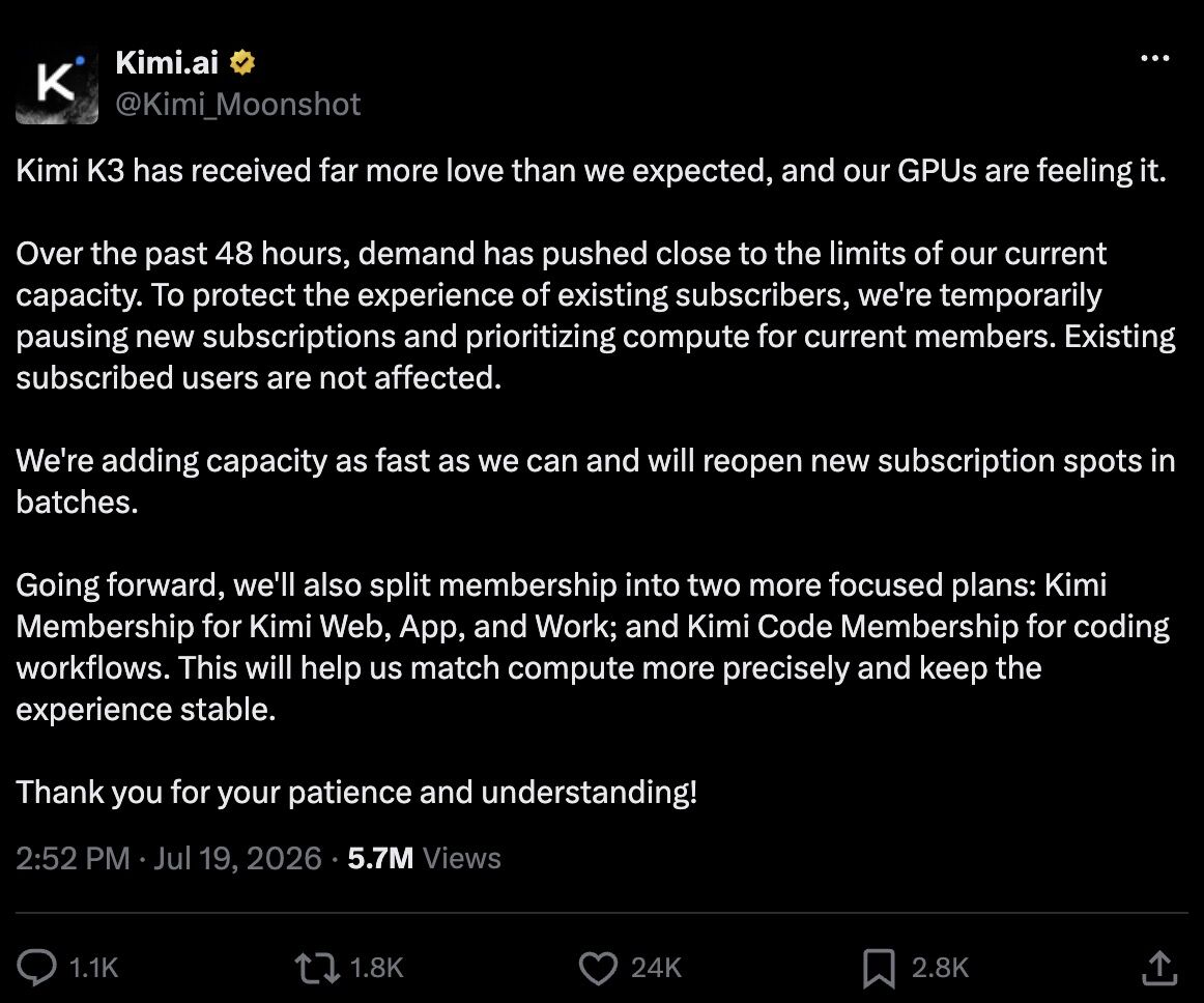 Kimi sold out, official Moonshot announcement pausing new subscriptions after Kimi K3 demand hit GPU capacity