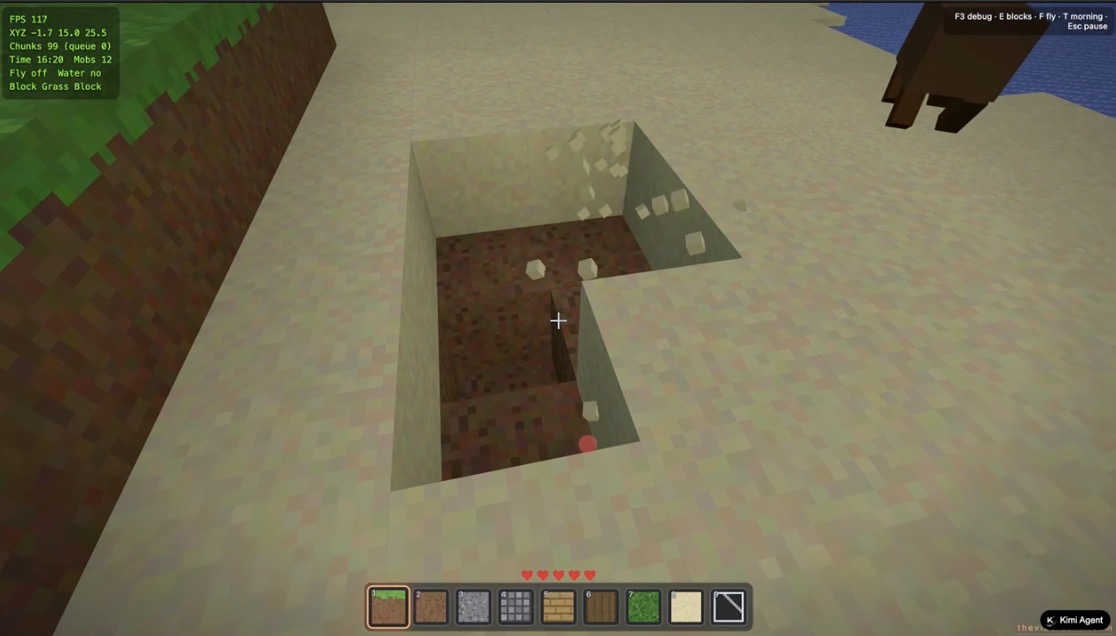 Sand blocks breaking into particles in the Kimi K3 Minecraft clone