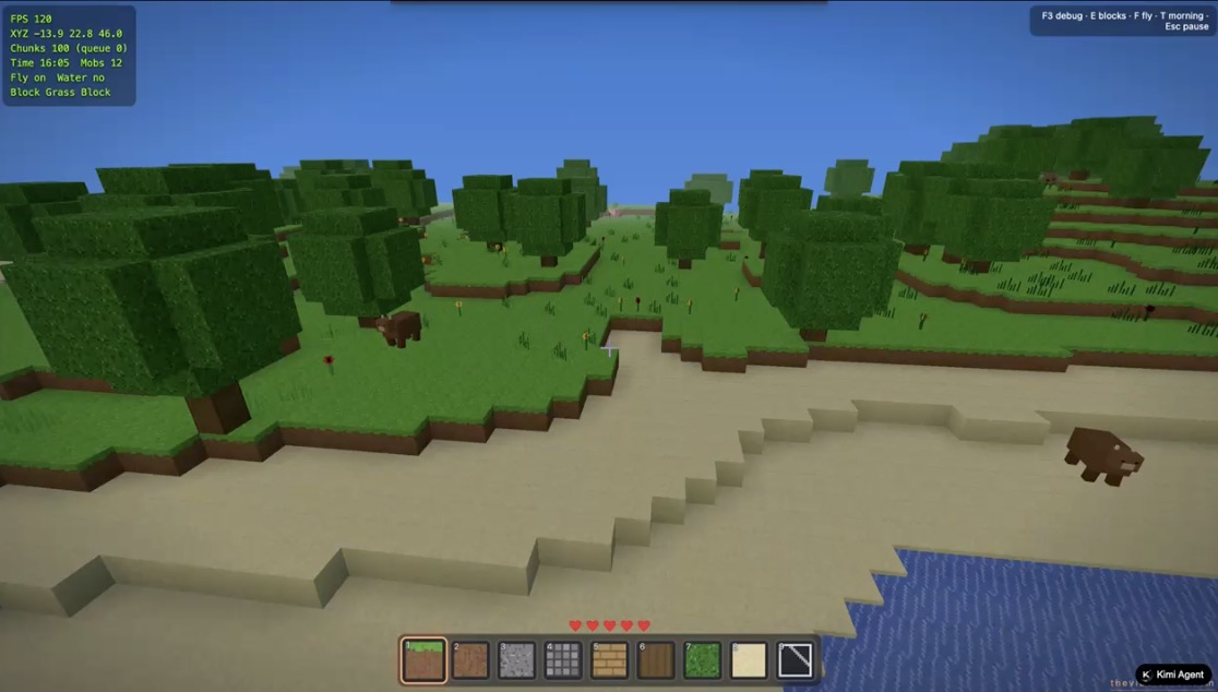 Kimi K3 Minecraft clone showing a forest, beach, water, cows, hotbar, hearts, and a 120 FPS debug reading